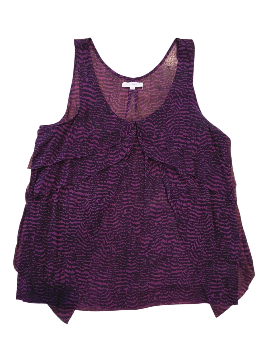 Sleeveless Purple Patterned Ruffle Silk Tank Sz L